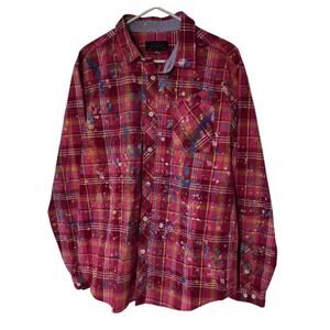 Mishka Mnwka Large Long Sleeve Button Up Pink Plaid Paint Splatters